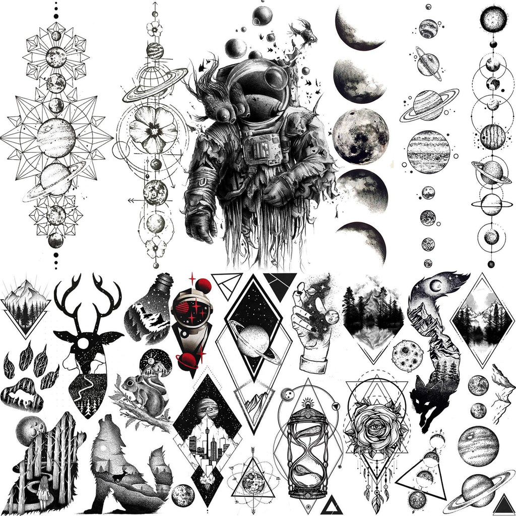 Tatouages ​​réalistes temporaires noirs, petits et grands, sur le thème de l'espace, des planètes, des animaux. Tatouages ​​imperméables pour le visage et les mains, pour filles et hommes.