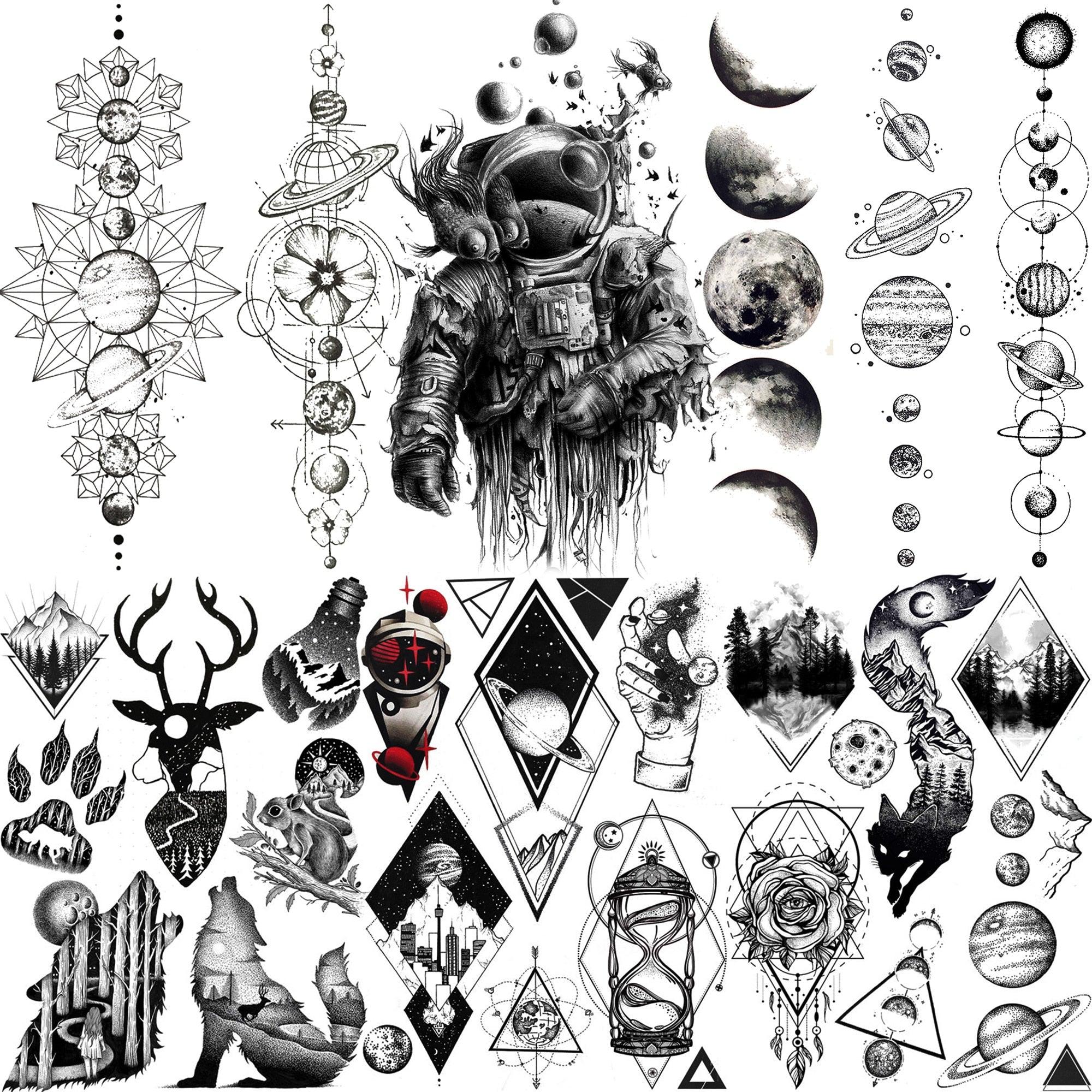 Tatouages ​​réalistes temporaires noirs, petits et grands, sur le thème de l'espace, des planètes, des animaux. Tatouages ​​imperméables pour le visage et les mains, pour filles et hommes.