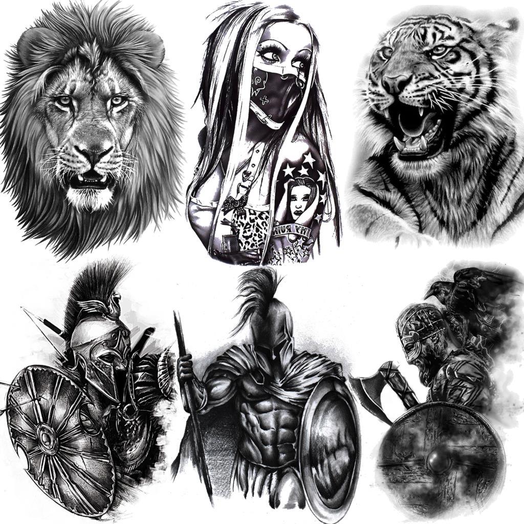 Tatouage temporaire Lion réaliste autocollant Guerrier noir tatouage de luxe étanche pour hommes et femmes