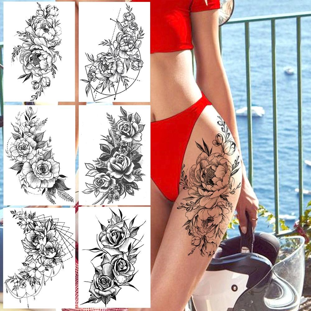 Tatouages réalistes temporaires autocollants fleurs pour femmes, imperméables, pour le corps, faux tatouages pour jambes
