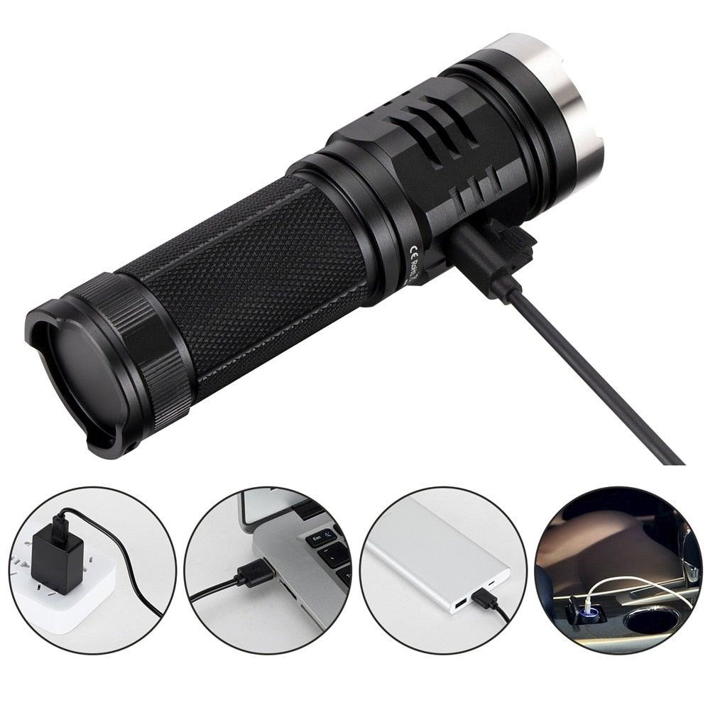 Lampe Torche LED Rechargeable Ajustable Haute Luminosité Puissante Étanche Portable Cree USB Super Lumineuse de Poche pour Camping Randonnée Cyclisme