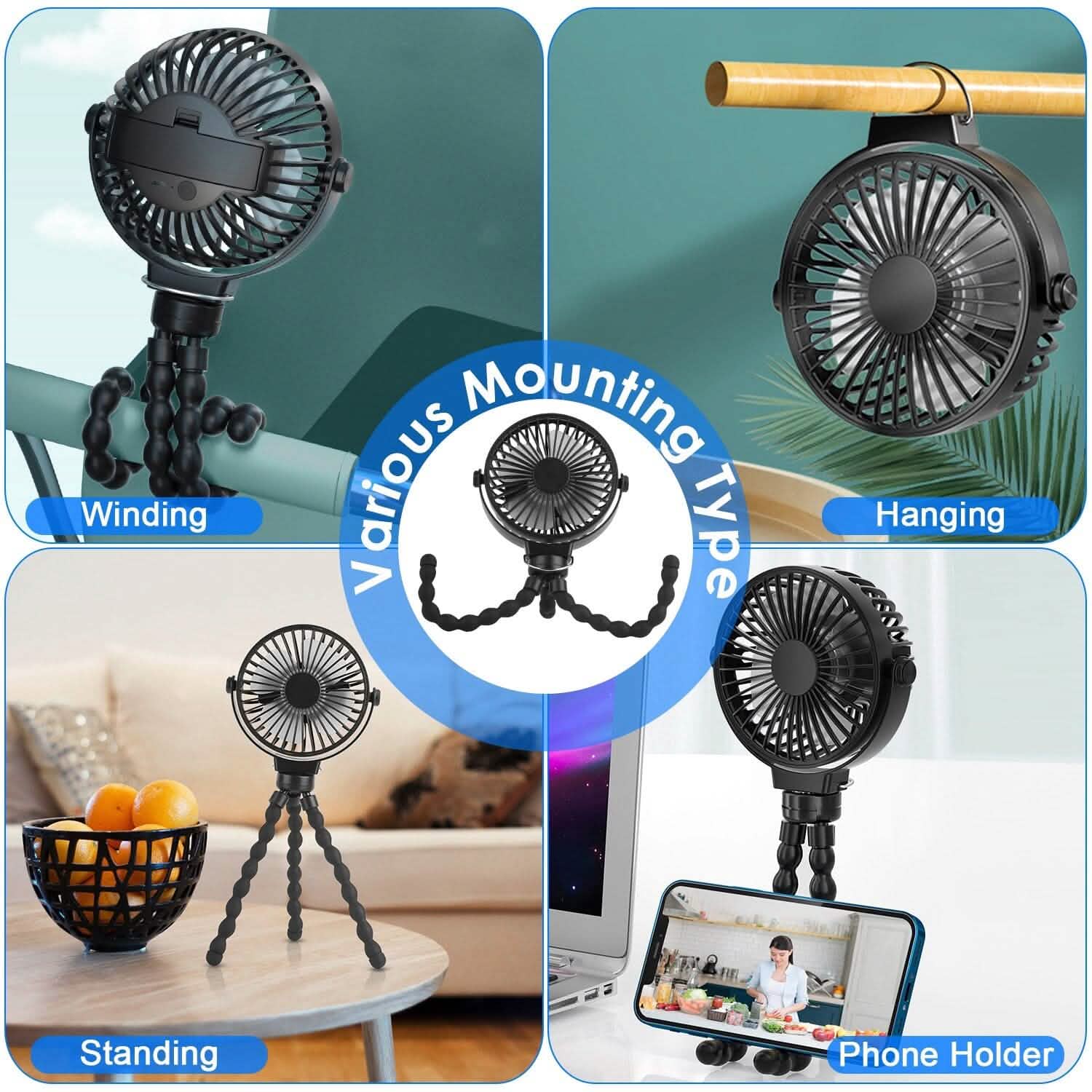 Ventilateur portatif rechargeable avec trépied flexible