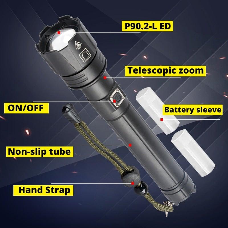 Lampe de poche LED rechargeable à haut lumen, USB, ultra-lumineuse, réglable, puissante, zoomable, résistante à l'eau pour un usage quotidien à la maison et en extérieur (camping, randonnée, course à pied)