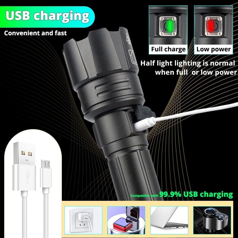 Lampe de poche LED rechargeable à haut lumen, USB, ultra-lumineuse, réglable, puissante, zoomable, résistante à l'eau pour un usage quotidien à la maison et en extérieur (camping, randonnée, course à pied)