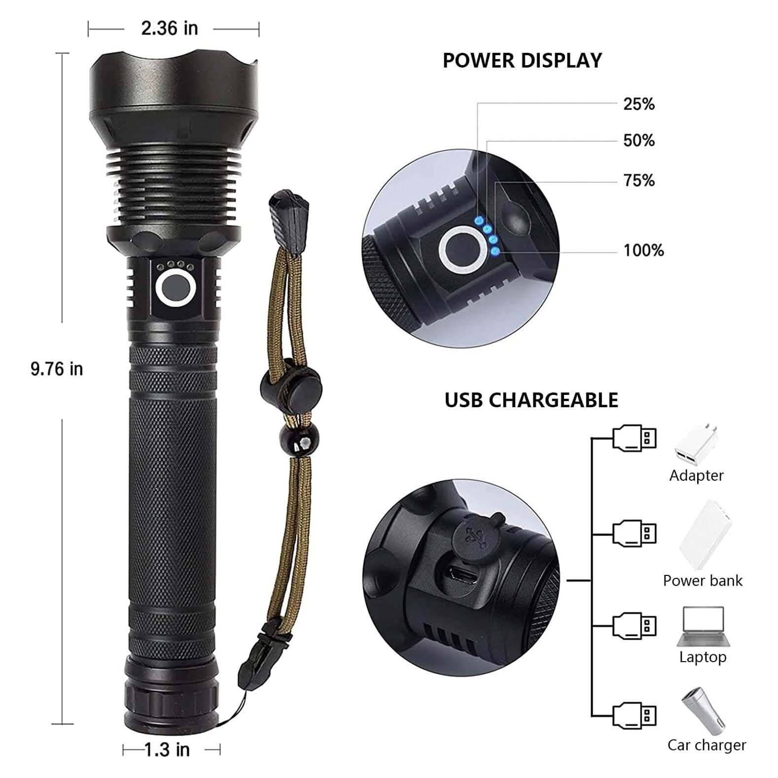 Lampes de poche LED rechargeables 90000 Lumens