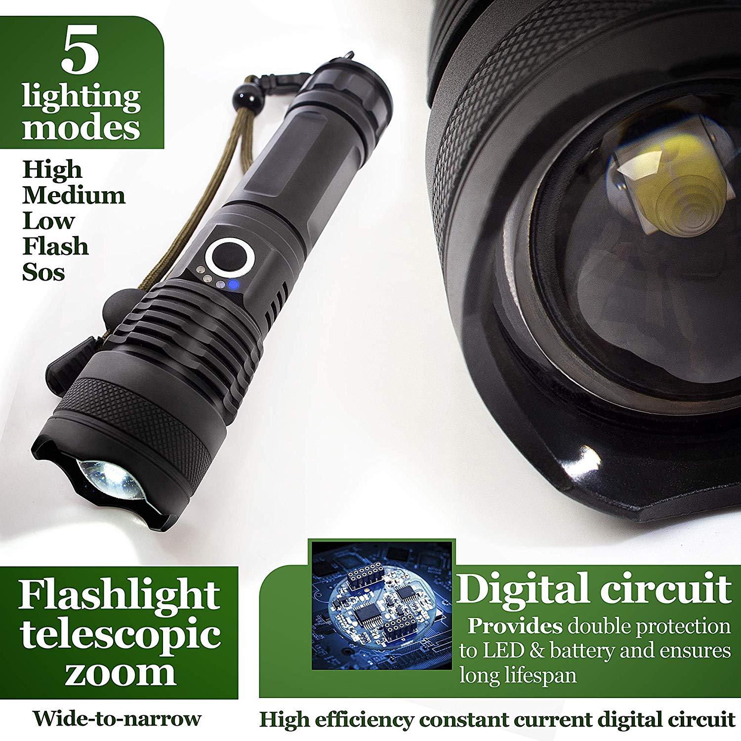 Lampes de poche LED rechargeables étanches portables super lumineuses à haute luminosité Zoomable Lampe torche puissante pour le camping en extérieur et en intérieur, la course, la pêche, la randonnée