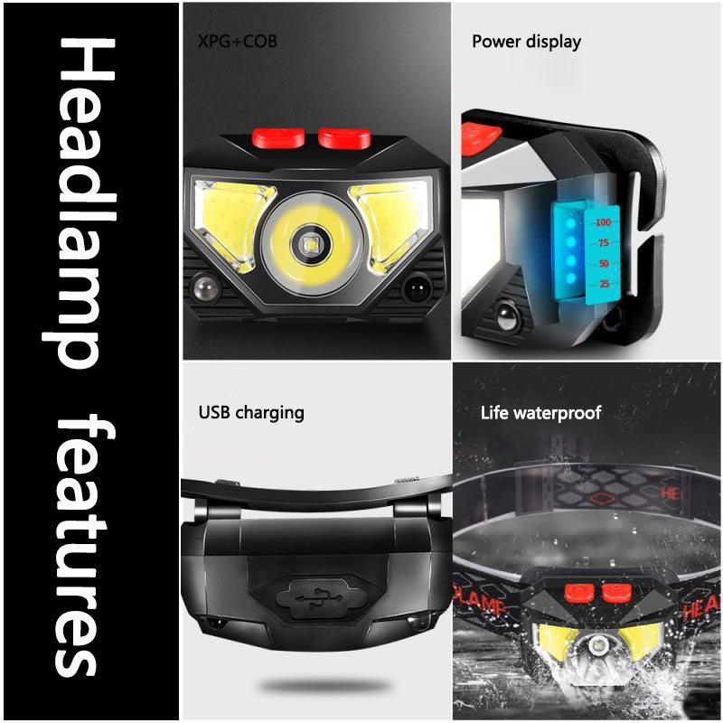 Lampe frontale rechargeable LED puissante, USB, étanche, avec détecteur de mouvement, pour adultes et enfants, pour le camping, la course, le cyclisme et la pêche