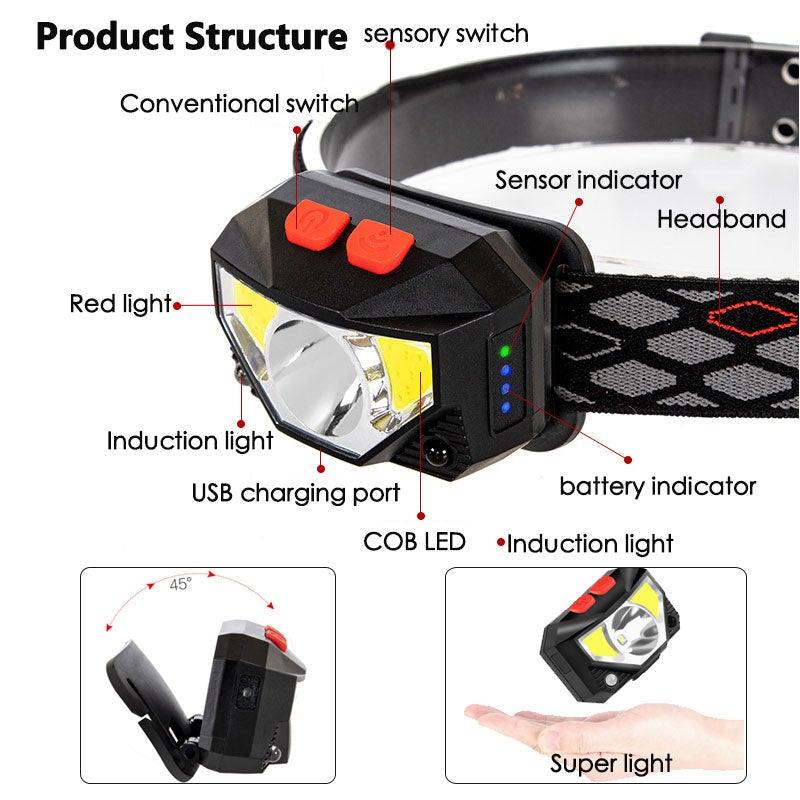 Lampe frontale rechargeable LED puissante, USB, étanche, avec détecteur de mouvement, pour adultes et enfants, pour le camping, la course, le cyclisme et la pêche