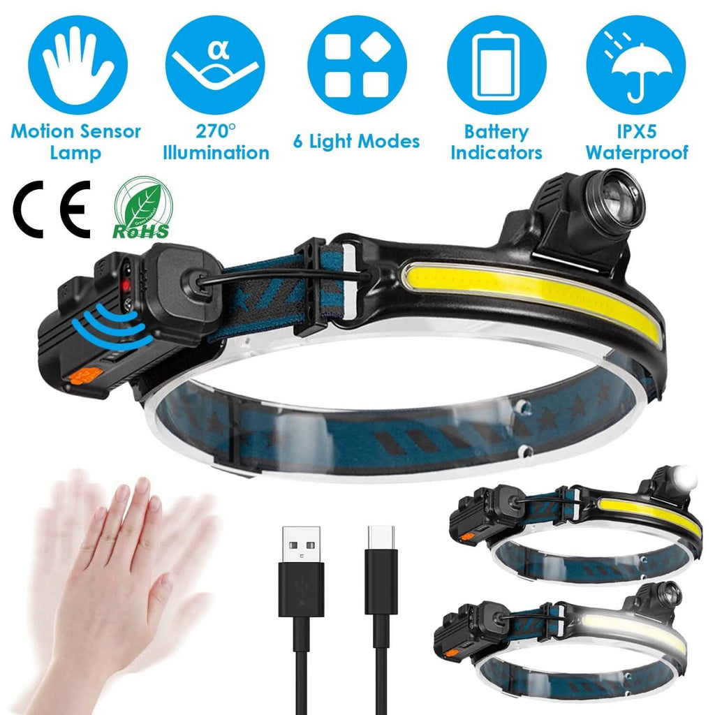 Lampe frontale rechargeable avec capteur de mouvement 6 modes d'éclairage