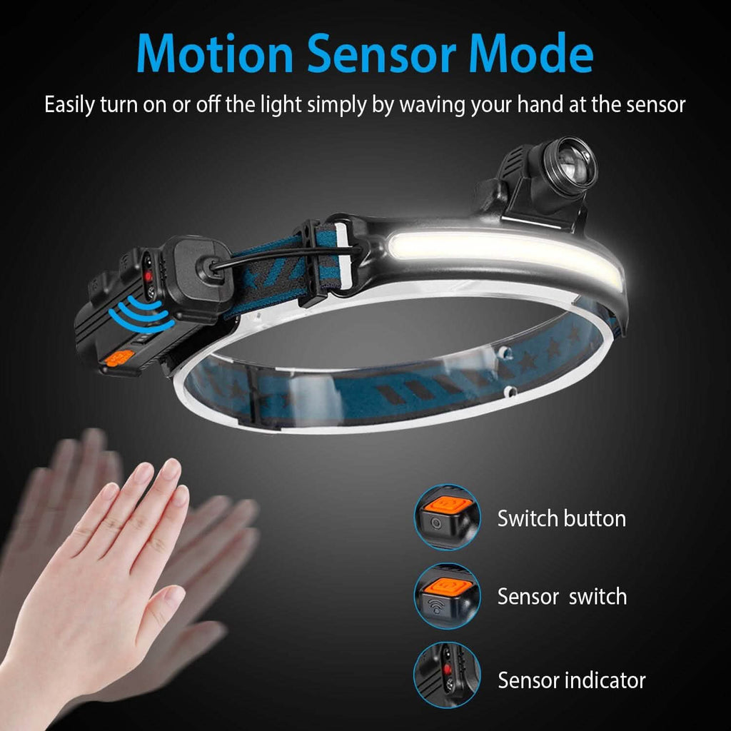 Lampe frontale rechargeable avec capteur de mouvement 6 modes d'éclairage