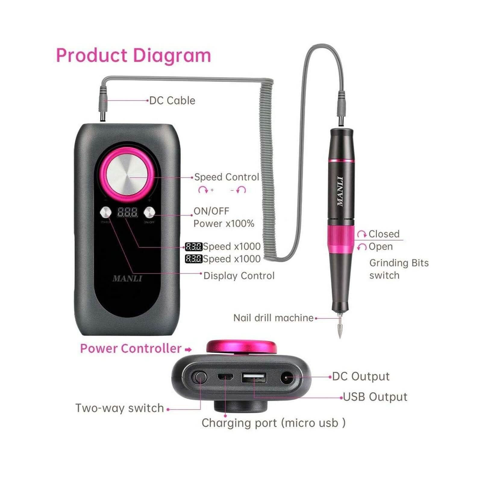 Kit de ponceuse à ongles rechargeable avec batterie externe de 2000 mAh