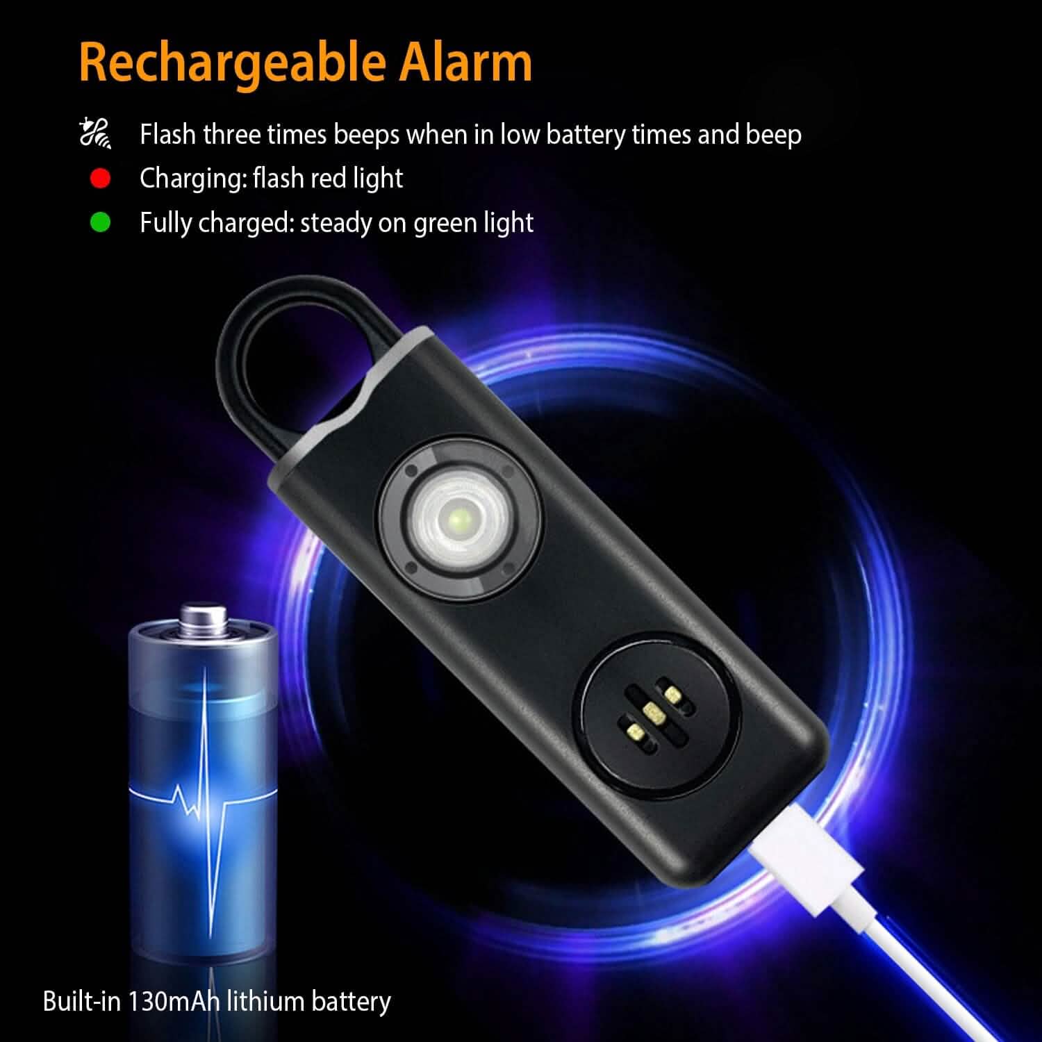 Alarme de sécurité personnelle rechargeable avec lumière stroboscopique