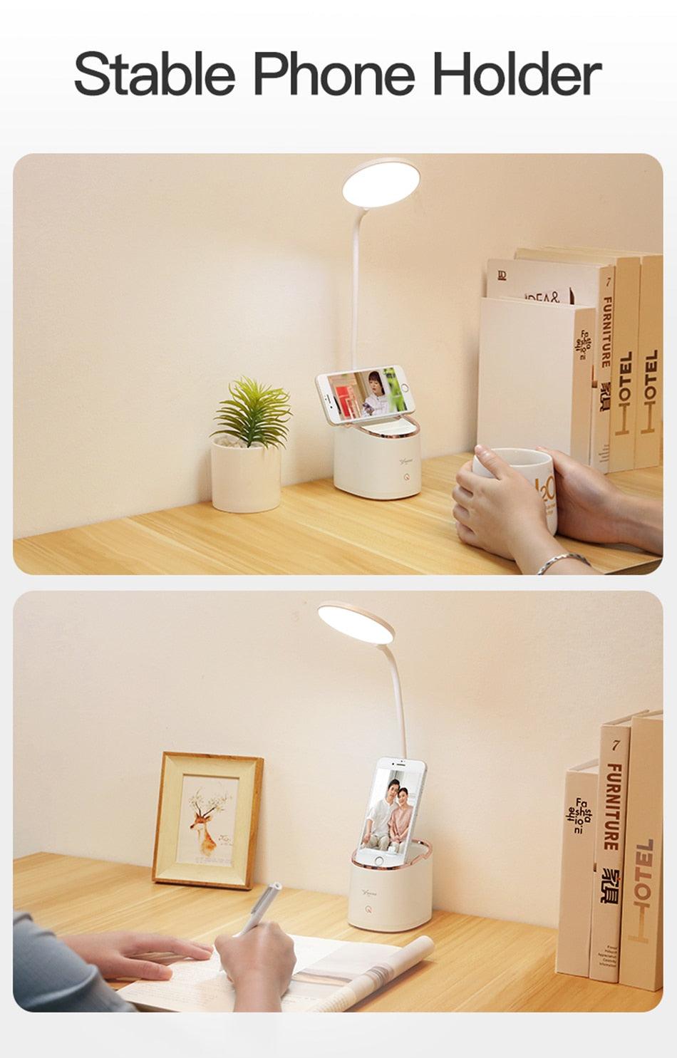 Lampe de table rechargeable avec porte-stylo, 18 LED, tactile, col de cygne USB, support de téléphone, lampe de bureau pour étudiant, lampe décorative, lampe d'étude mignonne pour décoration de chambre.