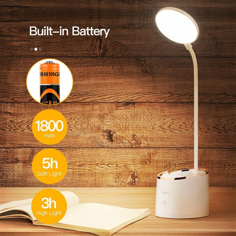 Lampe de table rechargeable avec porte-stylo, 18 LED, tactile, col de cygne USB, support de téléphone, lampe de bureau pour étudiant, lampe décorative, lampe d'étude mignonne pour décoration de chambre.
