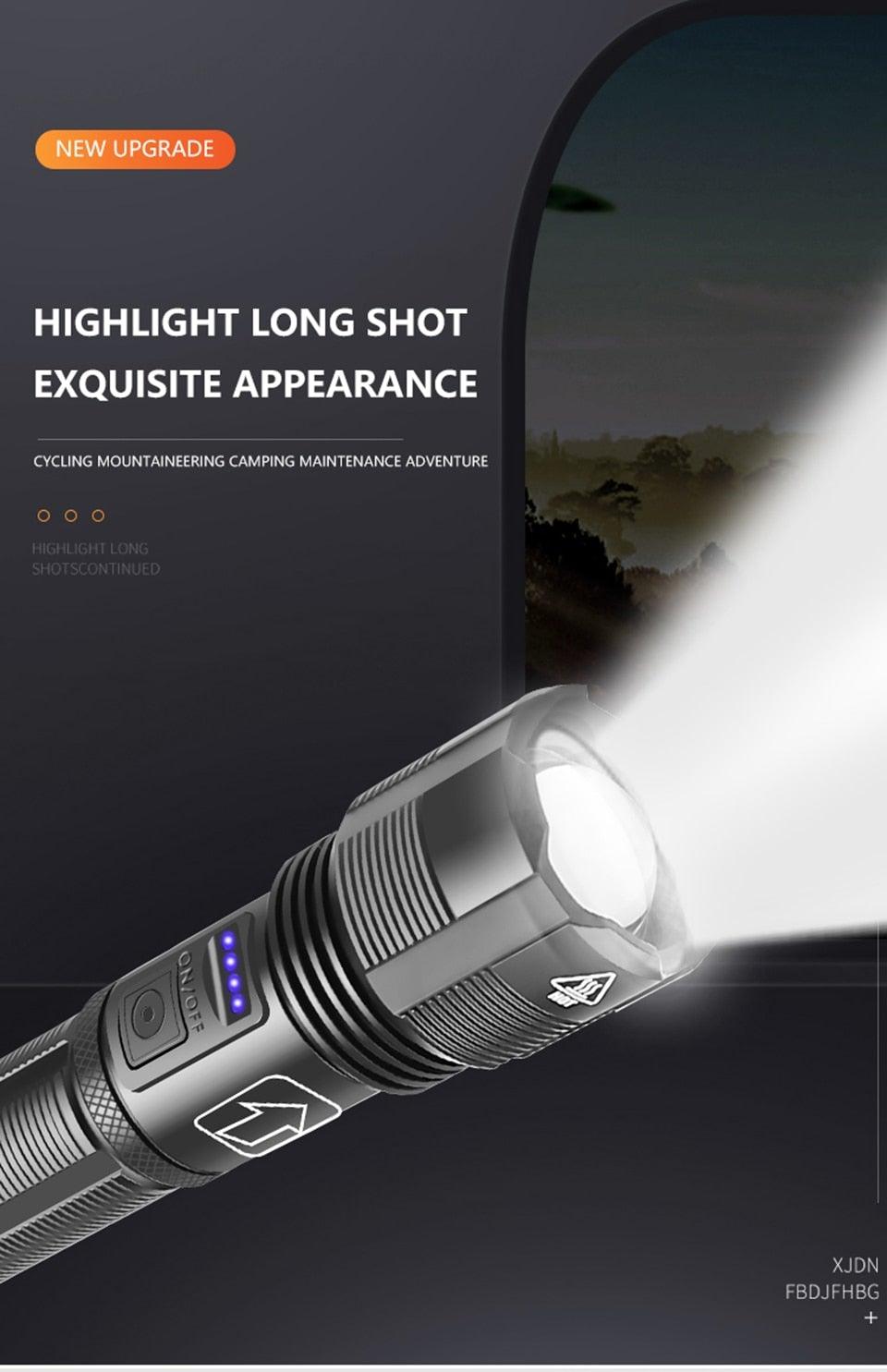 Lampe de poche tactique rechargeable USB LED de haute qualité Zoomable Torche Haute Lumen Lampe de poche super lumineuse Lampe de poche étanche pour l'extérieur Meilleure lampe de poche pour le camping, la randonnée, l'équitation