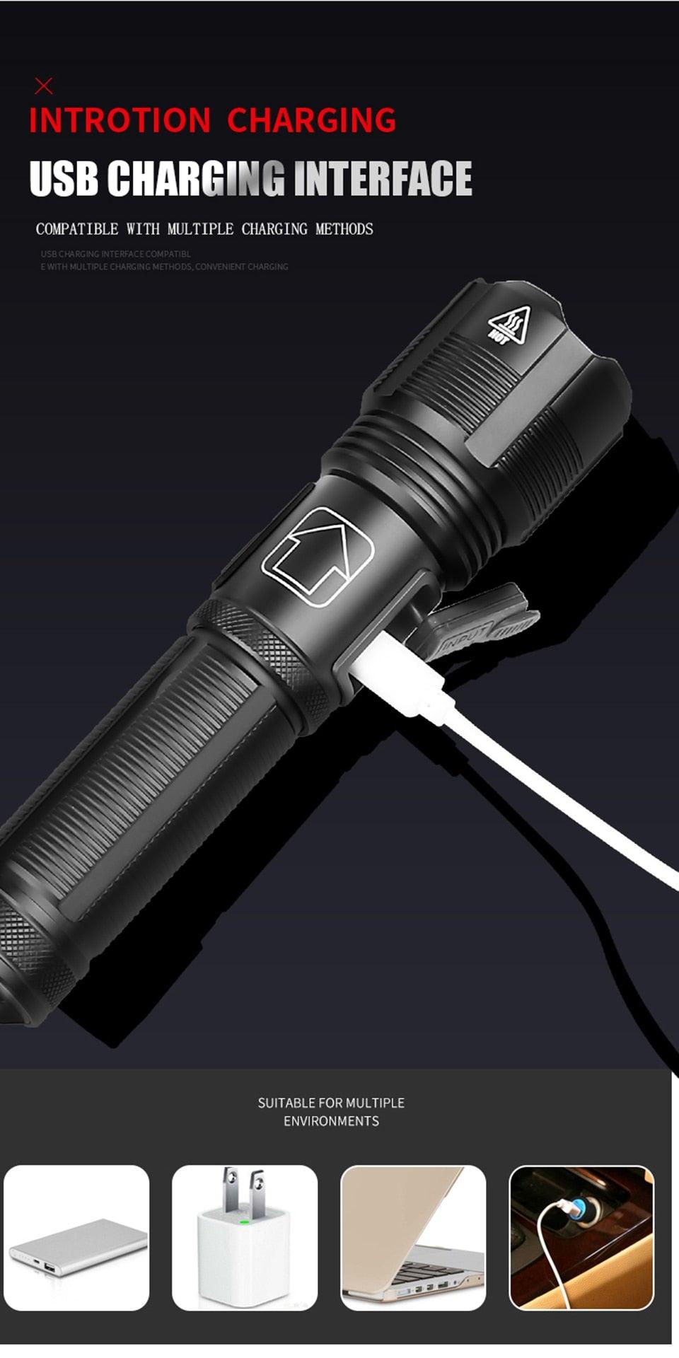 Lampe de poche tactique rechargeable USB LED de haute qualité Zoomable Torche Haute Lumen Lampe de poche super lumineuse Lampe de poche étanche pour l'extérieur Meilleure lampe de poche pour le camping, la randonnée, l'équitation
