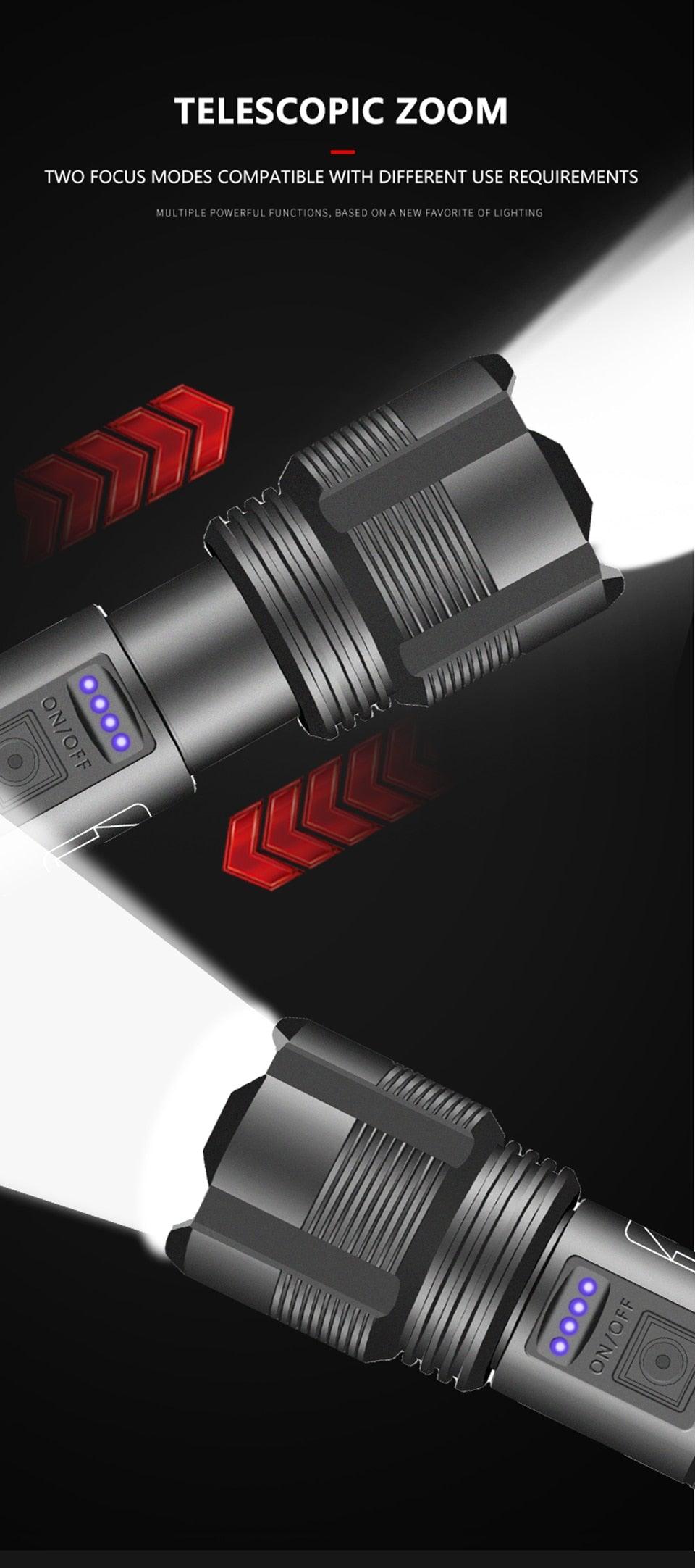 Lampe de poche tactique rechargeable USB LED de haute qualité Zoomable Torche Haute Lumen Lampe de poche super lumineuse Lampe de poche étanche pour l'extérieur Meilleure lampe de poche pour le camping, la randonnée, l'équitation