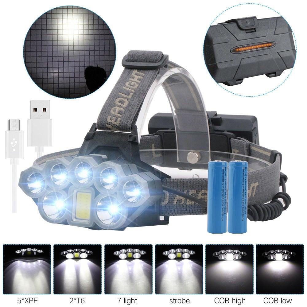 Lampe frontale rechargeable ultra lumineuse à LED, haute luminosité, USB, étanche, pour le camping en extérieur, 6 modes d'éclairage pour le camping, le cyclisme, la course, la pêche.