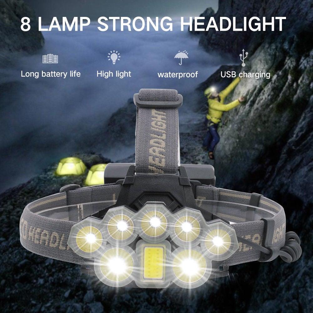 Lampe frontale rechargeable ultra lumineuse à LED, haute luminosité, USB, étanche, pour le camping en extérieur, 6 modes d'éclairage pour le camping, le cyclisme, la course, la pêche.