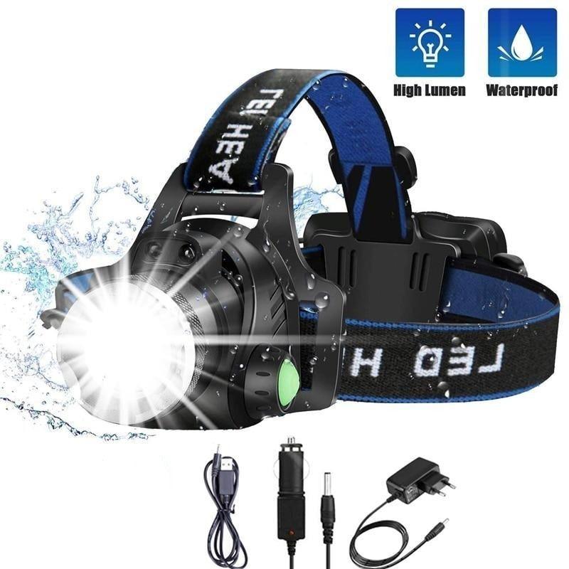 Lampe frontale LED rechargeable ultra-lumineuse à haut lumen Mains libres USB zoomable Étanche Super brillante pour la pêche, le camping, la randonnée, la course, la torche, la lampe de poche