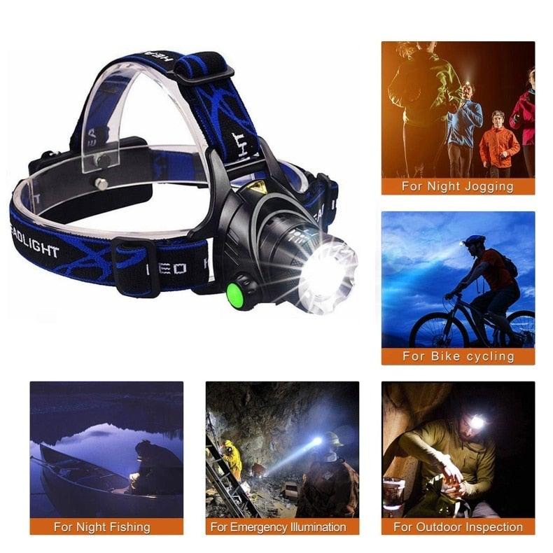 Lampe frontale LED rechargeable ultra-lumineuse à haut lumen Mains libres USB zoomable Étanche Super brillante pour la pêche, le camping, la randonnée, la course, la torche, la lampe de poche