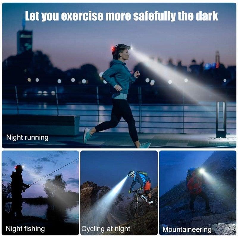 Lampe frontale LED rechargeable ultra-lumineuse à haut lumen Mains libres USB zoomable Étanche Super brillante pour la pêche, le camping, la randonnée, la course, la torche, la lampe de poche