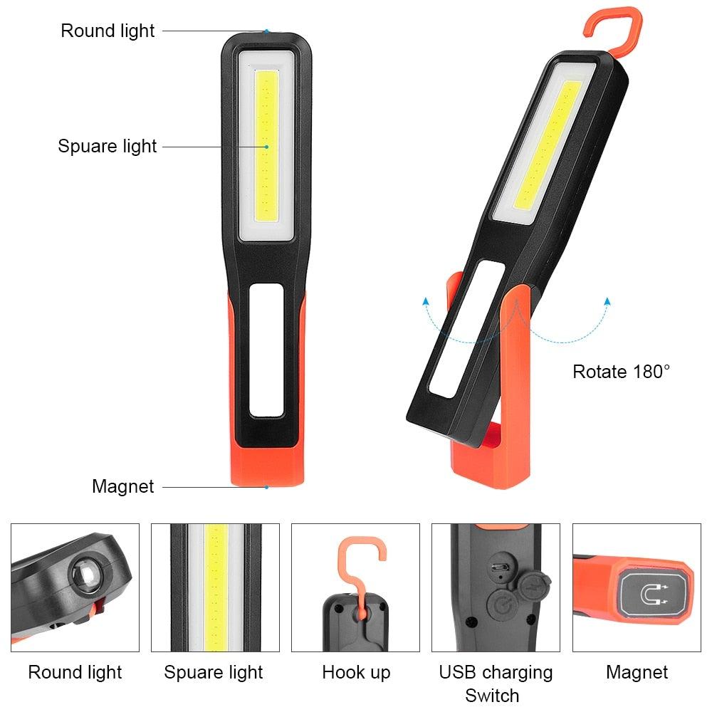 Lampes de travail à LED USB rechargeables Lampe de poche et lampe de travail lumineuses avec clip et base magnétique et clip rotatif Lampe de poche magnétique pour le travail, l'inspection, le camping, la réparation automobile et l'entretien