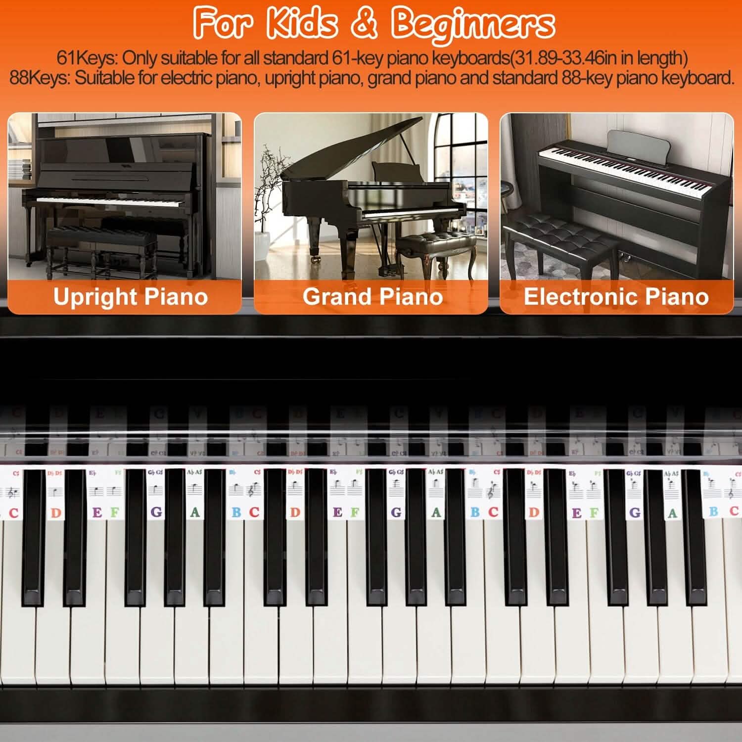 Autocollants de clavier de piano en PVC amovibles