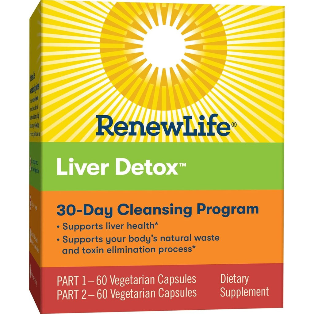 Renew Life Détox adulte – Détoxifiant du foie – Programme en 2 étapes, 30 jours – Sans gluten ni produits laitiers – 120 gélules végétariennes (l'emballage peut varier)
