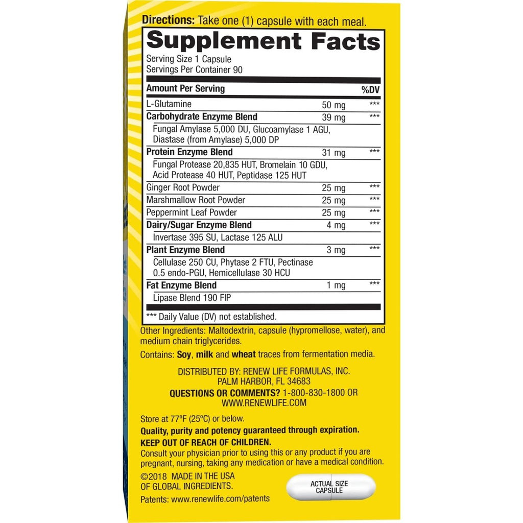 Renew Life Enzymes Digestifs Adultes - L-Glutamine, Formule Enzymatique à Base de Plantes DigestMore pour Hommes et Femmes, Apaise le Tube Digestif, Végétarien, 90 Gélules