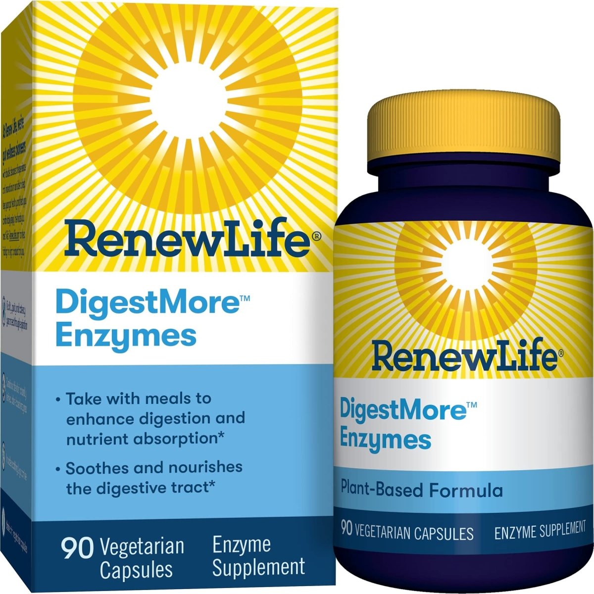 Renew Life Enzymes Digestifs Adultes - L-Glutamine, Formule Enzymatique à Base de Plantes DigestMore pour Hommes et Femmes, Apaise le Tube Digestif, Végétarien, 90 Gélules