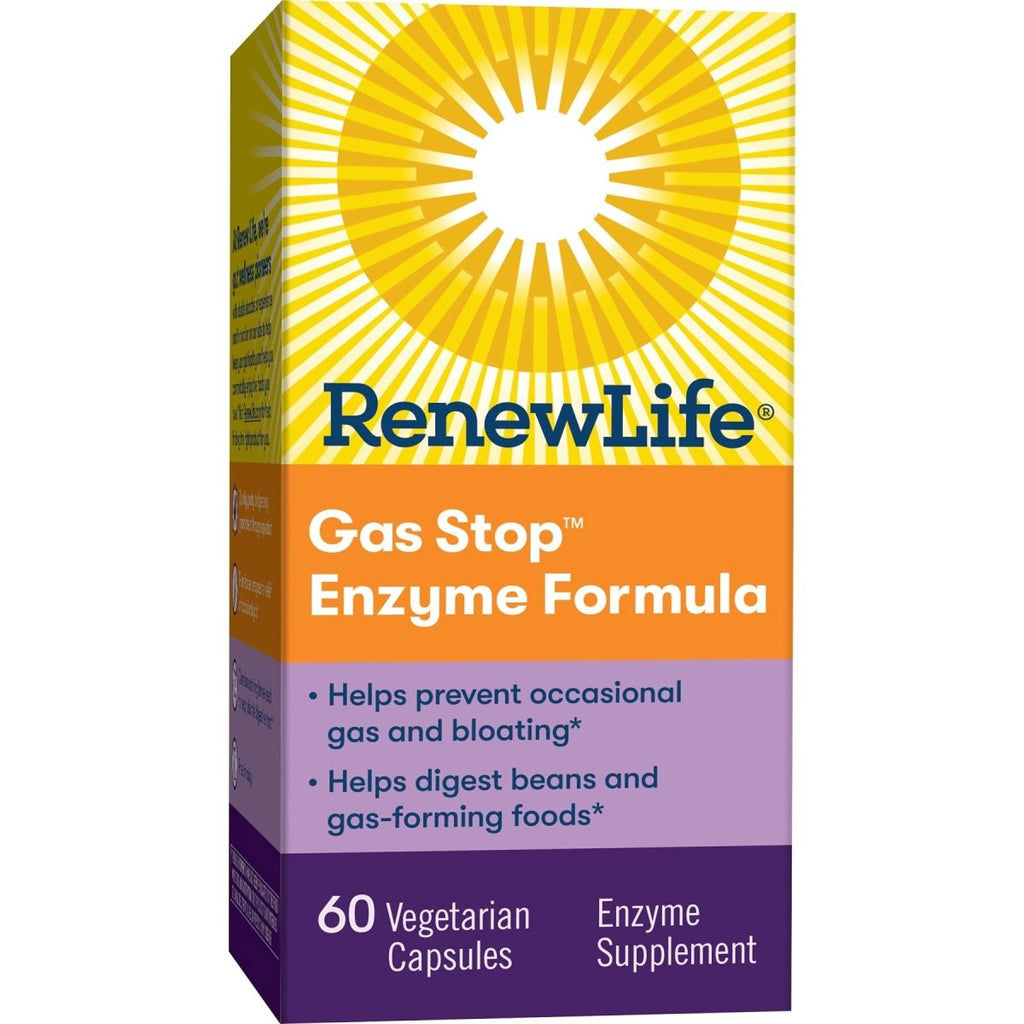 Renew Life, supplément d'enzymes végétales pour adultes, graines de fenouil pour aider à détendre le tube digestif, formule enzymatique Gas Stop, sans produits laitiers, végétarien, 60 capsules
