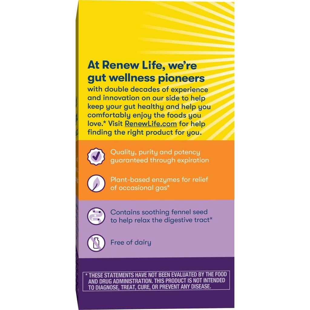 Renew Life, supplément d'enzymes végétales pour adultes, graines de fenouil pour aider à détendre le tube digestif, formule enzymatique Gas Stop, sans produits laitiers, végétarien, 60 capsules