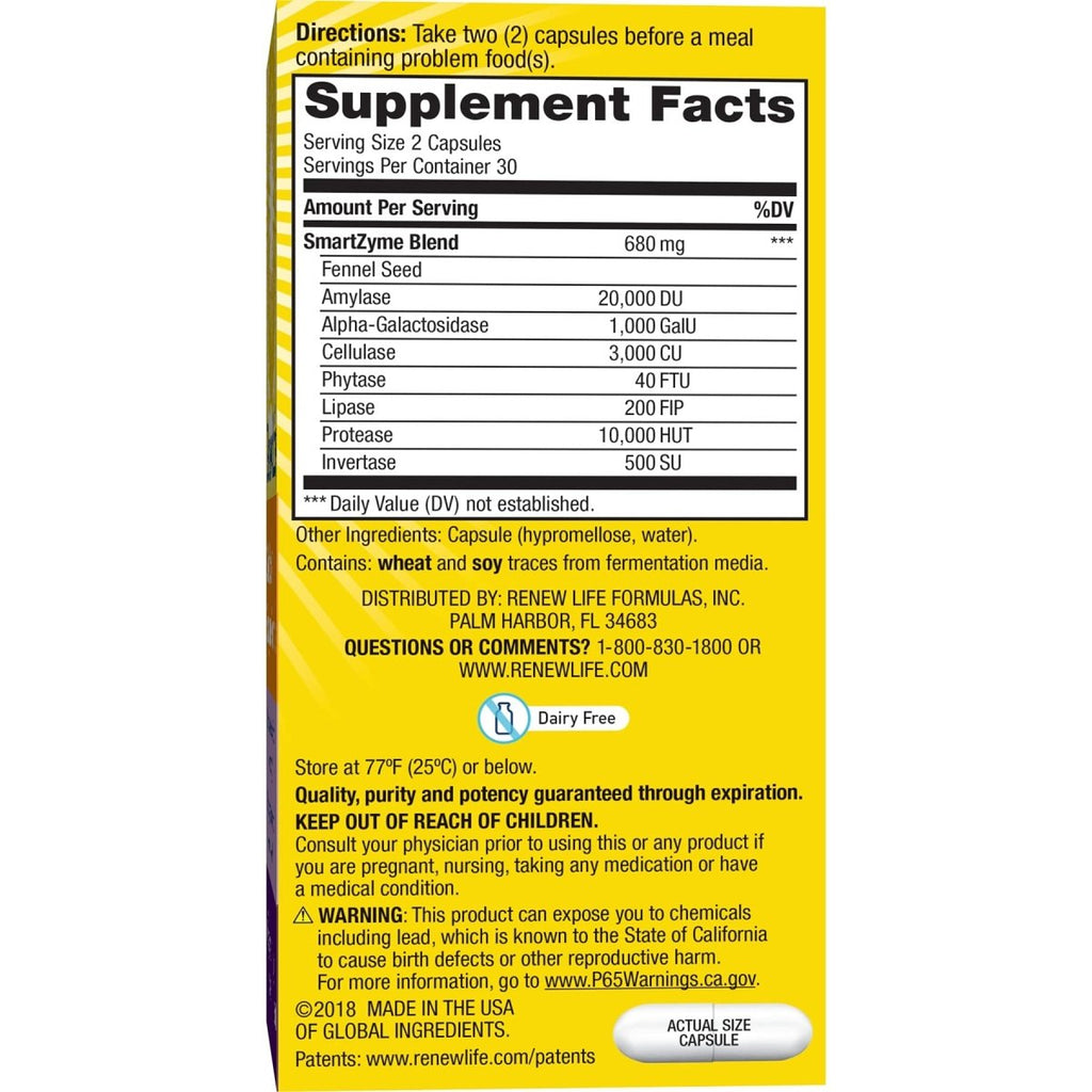 Renew Life, supplément d'enzymes végétales pour adultes, graines de fenouil pour aider à détendre le tube digestif, formule enzymatique Gas Stop, sans produits laitiers, végétarien, 60 capsules