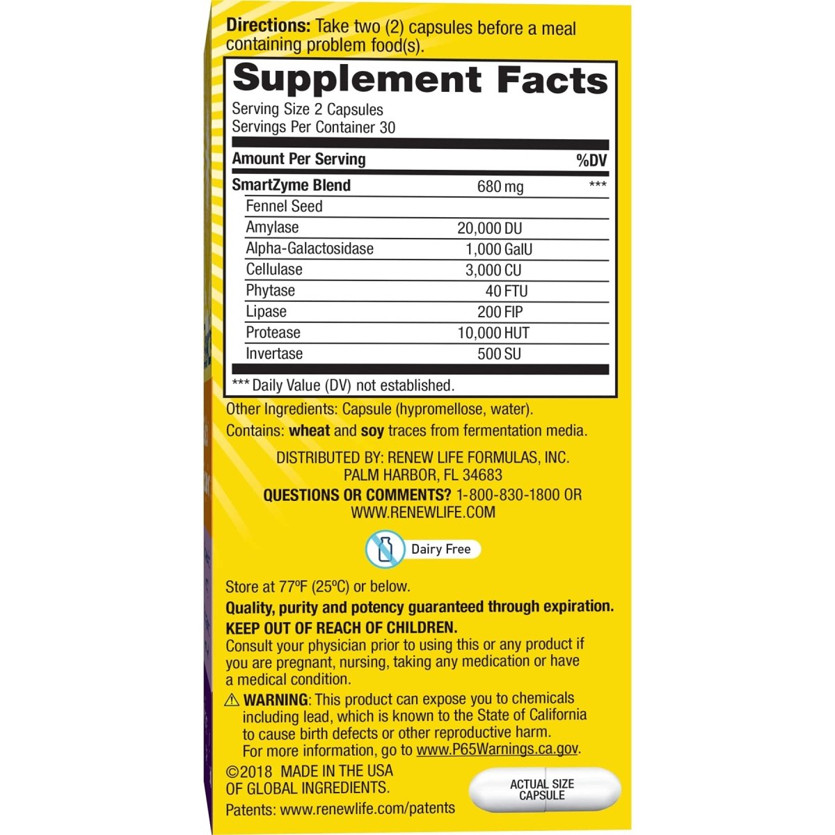 Renew Life, supplément d'enzymes végétales pour adultes, graines de fenouil pour aider à détendre le tube digestif, formule enzymatique Gas Stop, sans produits laitiers, végétarien, 60 capsules