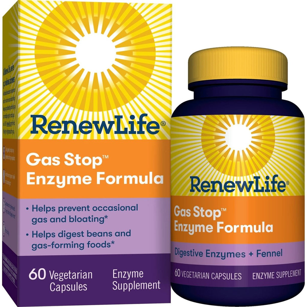 Renew Life, supplément d'enzymes végétales pour adultes, graines de fenouil pour aider à détendre le tube digestif, formule enzymatique Gas Stop, sans produits laitiers, végétarien, 60 capsules