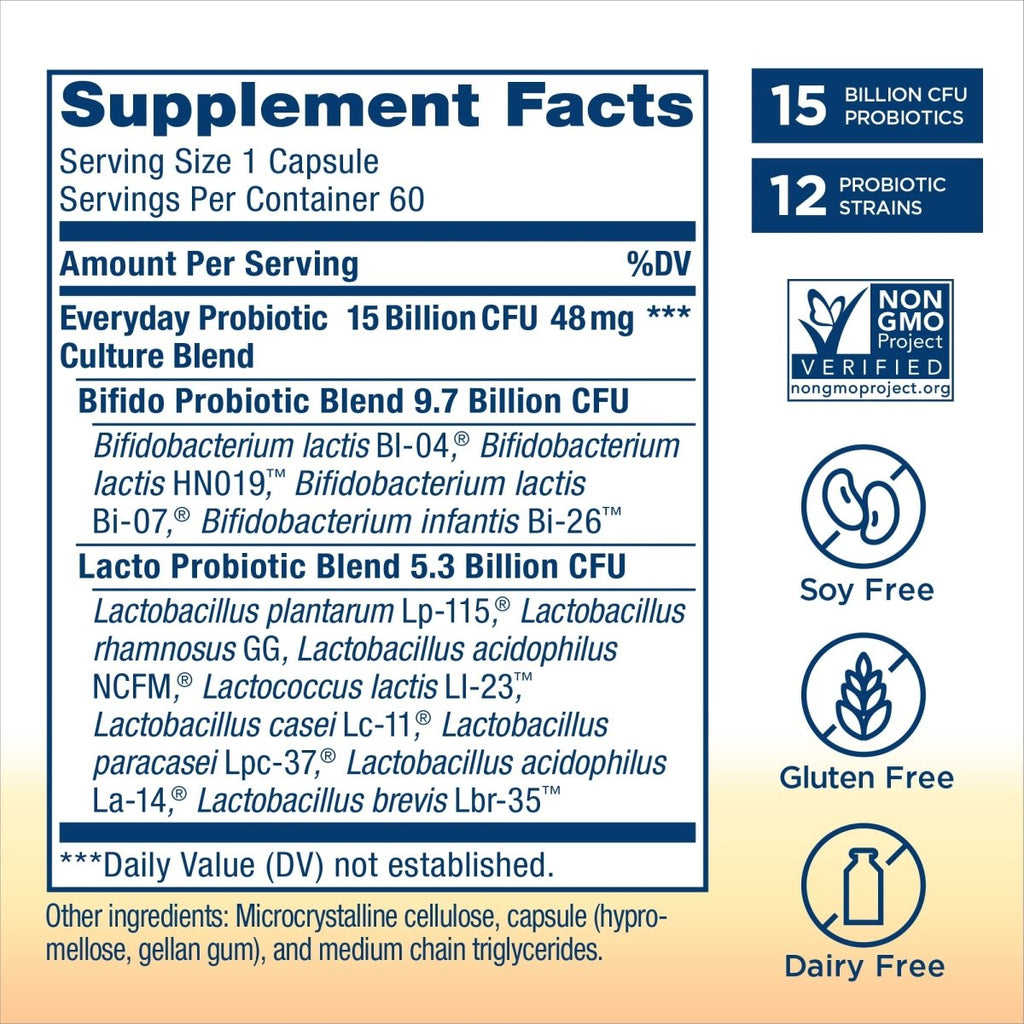 Renew Life Probiotiques Adultes, 15 Milliards d'UFC Garantis, Complément Probiotique Quotidien pour la Santé Digestive et Immunitaire, Stable à la Conservation, Sans Gluten, Lait et Soja, 60 Gélules