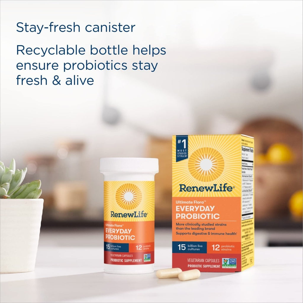 Renew Life Probiotiques Adultes, 15 Milliards d'UFC Garantis, Complément Probiotique Quotidien pour la Santé Digestive et Immunitaire, Stable à la Conservation, Sans Gluten, Lait et Soja, 60 Gélules