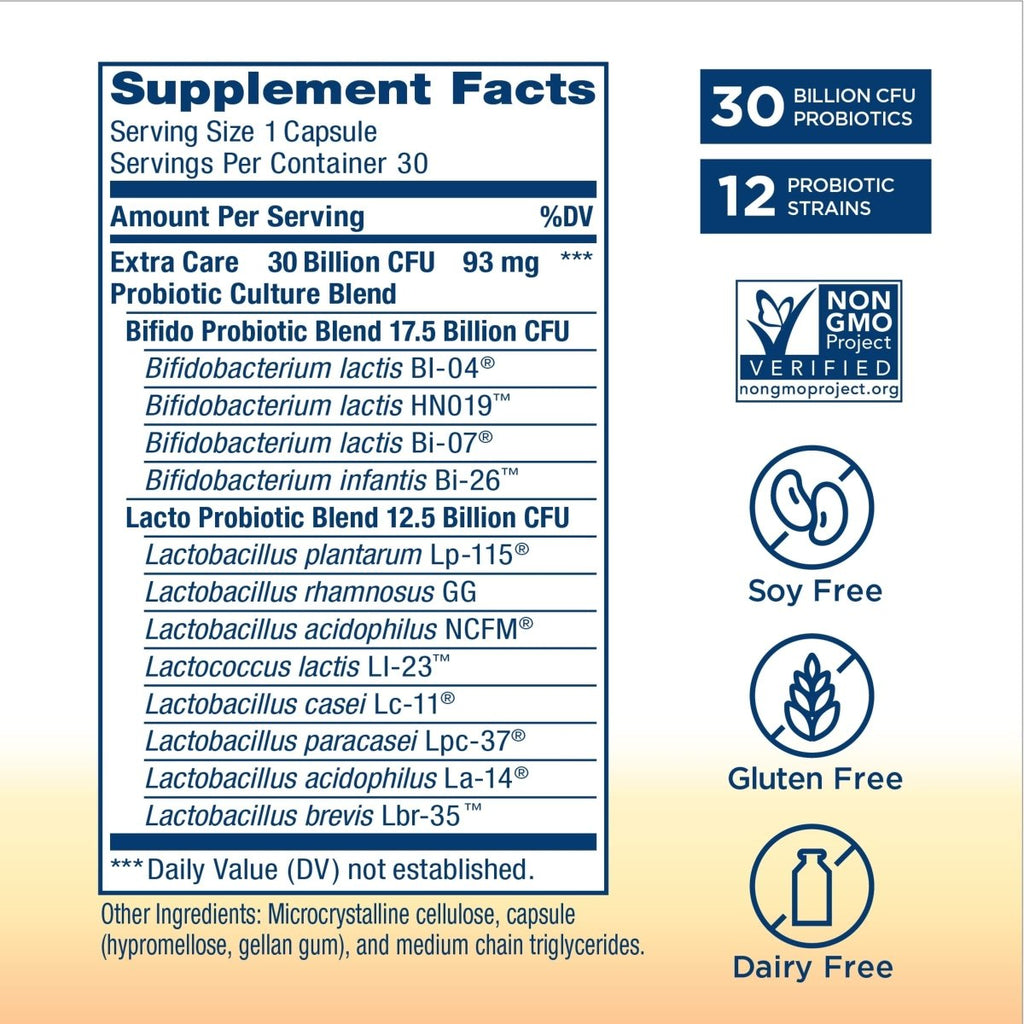 Renew Life Probiotiques pour adultes, 30 milliards d'UFC garantis, Go-Pack Extra Care, supplément probiotique pour la santé digestive et immunitaire, stable à la conservation, sans gluten, produits laitiers ni soja, 30 gélules