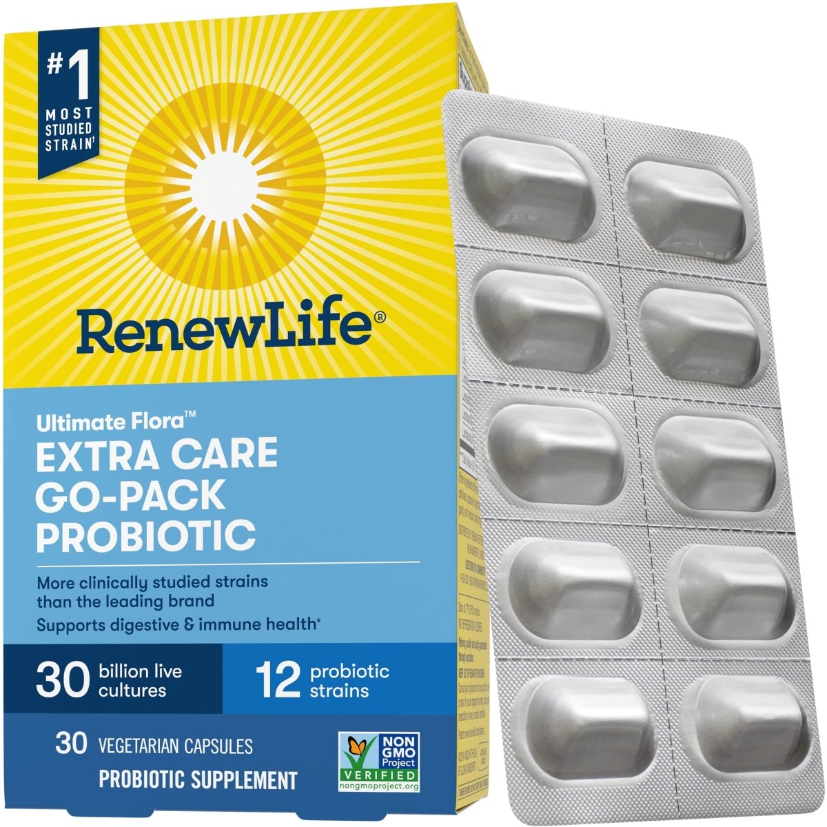 Renew Life Probiotiques pour adultes, 30 milliards d'UFC garantis, Go-Pack Extra Care, supplément probiotique pour la santé digestive et immunitaire, stable à la conservation, sans gluten, produits laitiers ni soja, 30 gélules