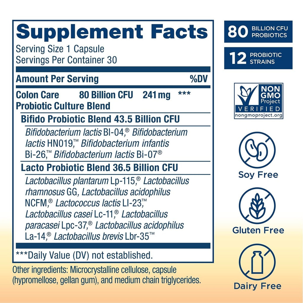 Renew Life Adult Probiotiques, 80 milliards d'UFC garantis, Supplément probiotique pour le soin du côlon pour la digestion, l'immunité, stable à la conservation, sans gluten, sans produits laitiers et sans soja, 60 gélules