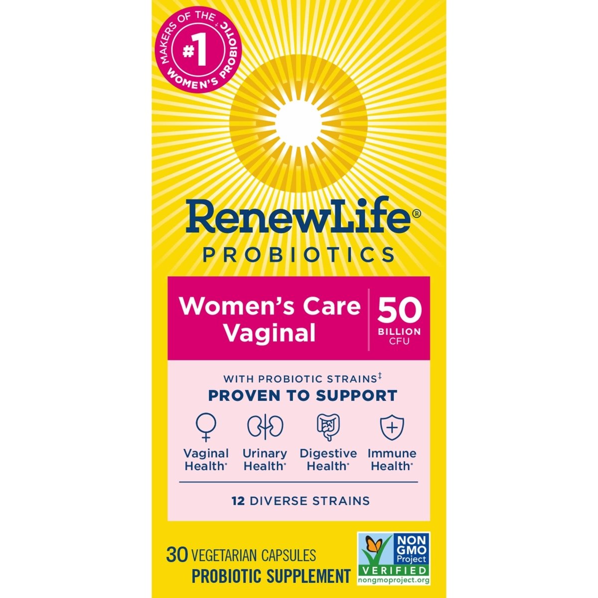 Renew Life Bien-être féminin, Probiotique Soin féminin, 4-en-1 : Soutien vaginal, urinaire, digestif et immunitaire, 50 milliards d'UFC par capsule garanti, 12 souches ; Probiotique longue conservation, 30 unités.