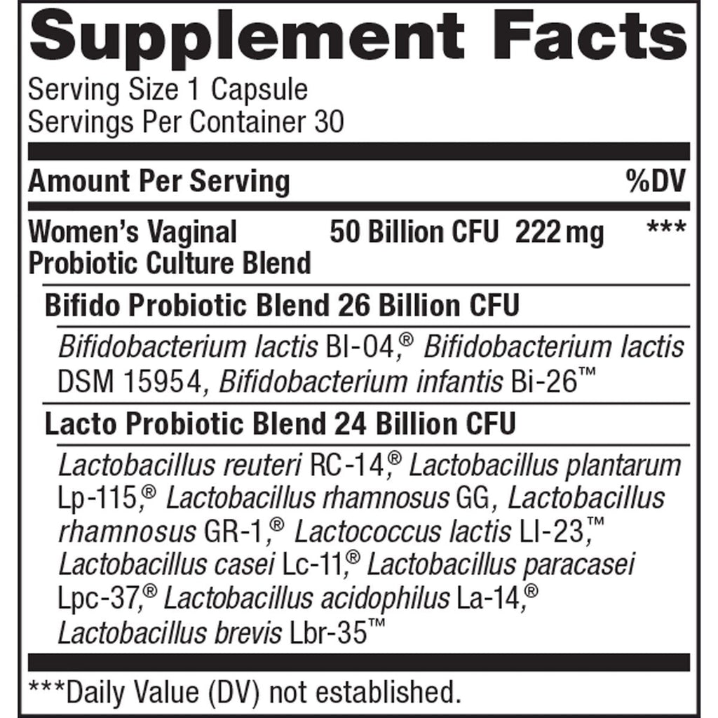 Renew Life Bien-être féminin, Probiotique Soin féminin, 4-en-1 : Soutien vaginal, urinaire, digestif et immunitaire, 50 milliards d'UFC par capsule garanti, 12 souches ; Probiotique longue conservation, 30 unités.