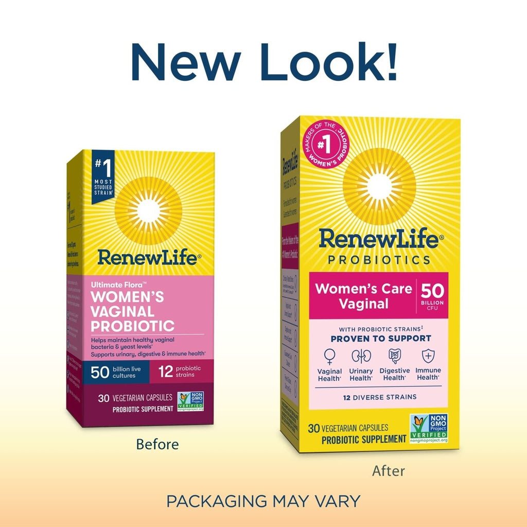 Renew Life Bien-être féminin, Probiotique Soin féminin, 4-en-1 : Soutien vaginal, urinaire, digestif et immunitaire, 50 milliards d'UFC par capsule garanti, 12 souches ; Probiotique longue conservation, 30 unités.