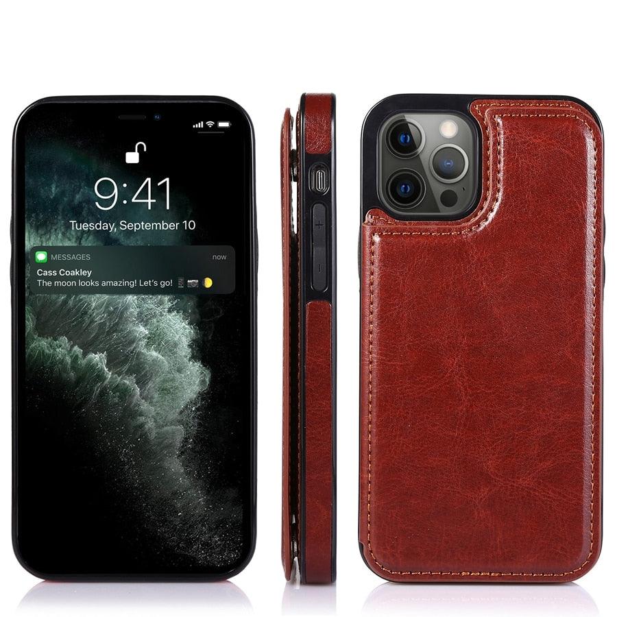 Étui en cuir PU rétro à rabat pour iPhone 14 13 12 11 Pro Max, étui portefeuille multi-cartes, porte-cartes en cuir, double fermeture magnétique, coque de protection durable pour iPhone