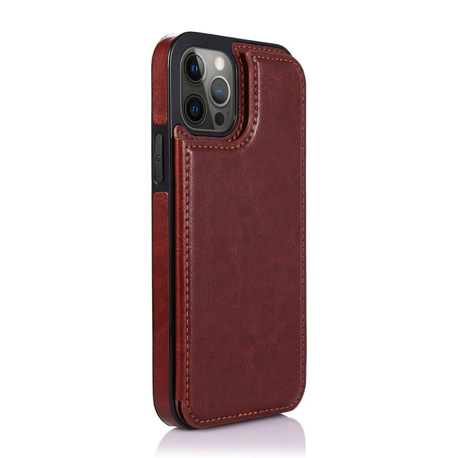 Étui en cuir PU rétro à rabat pour iPhone 14 13 12 11 Pro Max, étui portefeuille multi-cartes, porte-cartes en cuir, double fermeture magnétique, coque de protection durable pour iPhone