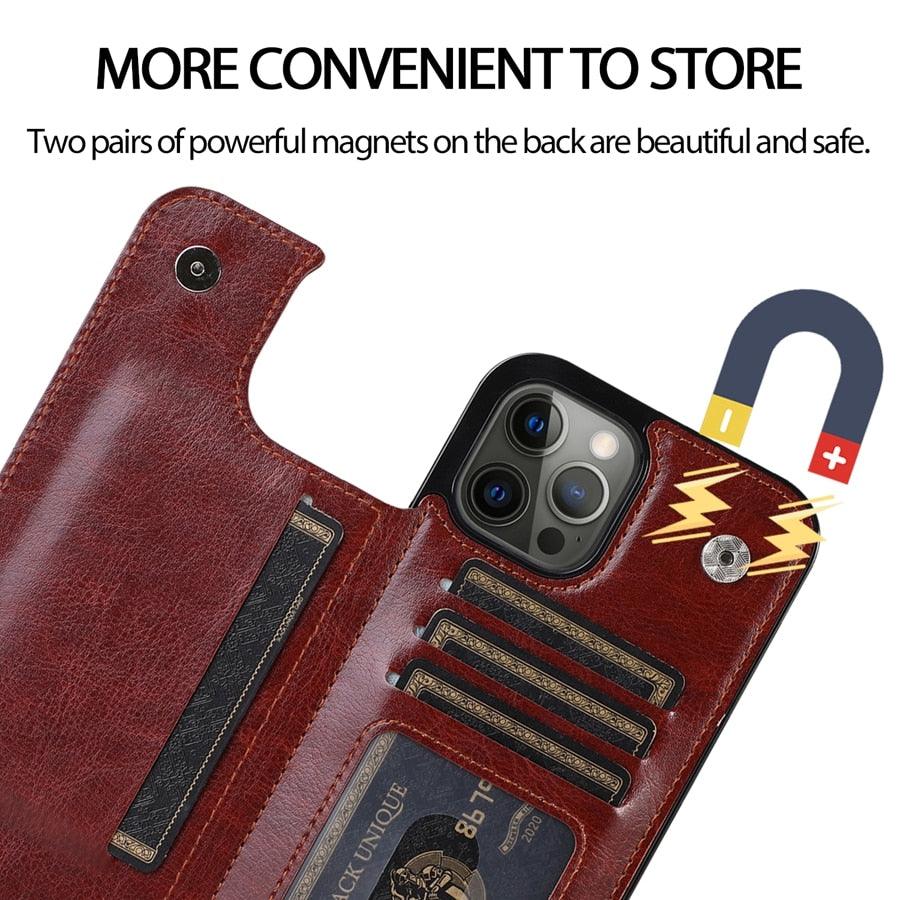 Étui en cuir PU rétro à rabat pour iPhone 14 13 12 11 Pro Max, étui portefeuille multi-cartes, porte-cartes en cuir, double fermeture magnétique, coque de protection durable pour iPhone