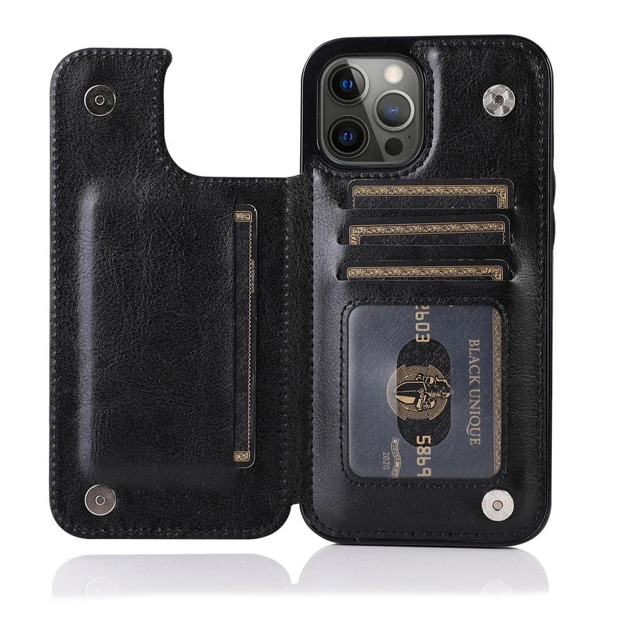 Étui en cuir PU rétro à rabat pour iPhone 14 13 12 11 Pro Max, étui portefeuille multi-cartes, porte-cartes en cuir, double fermeture magnétique, coque de protection durable pour iPhone