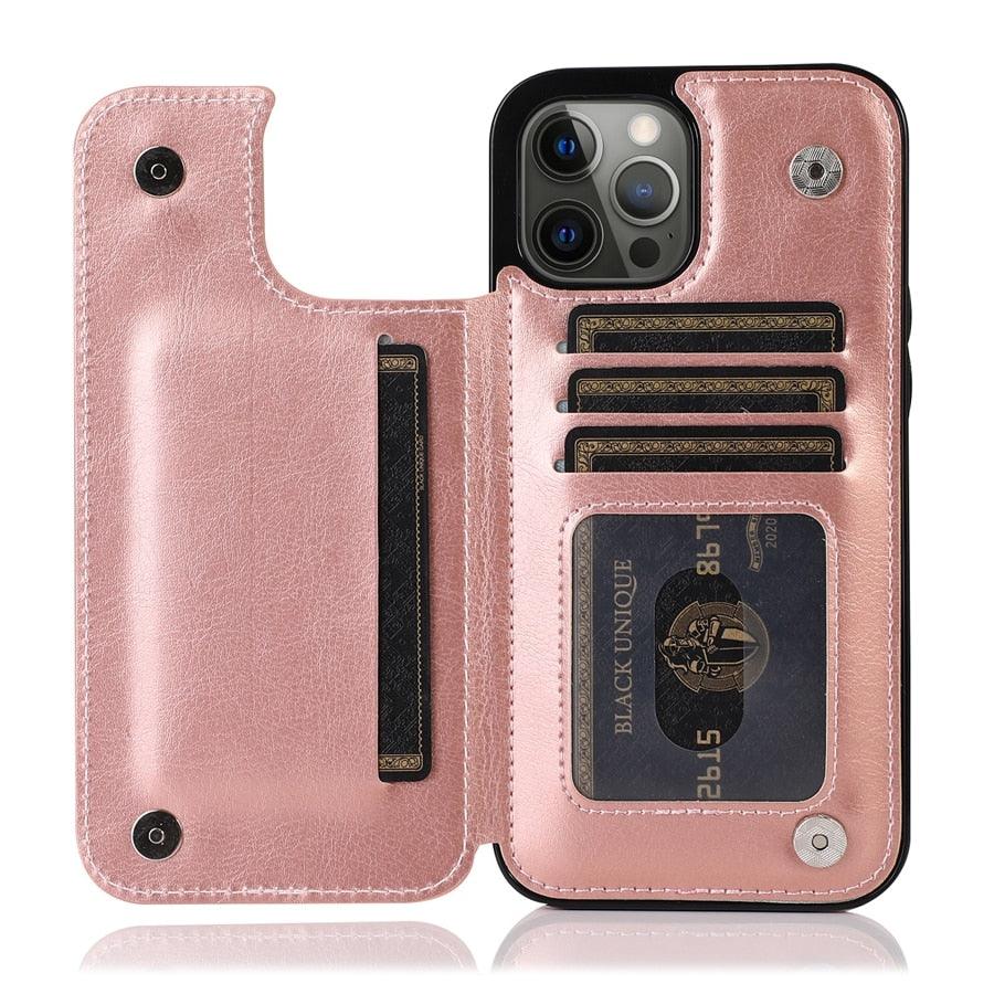 Étui en cuir PU rétro à rabat pour iPhone 14 13 12 11 Pro Max, étui portefeuille multi-cartes, porte-cartes en cuir, double fermeture magnétique, coque de protection durable pour iPhone