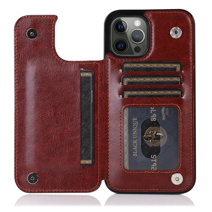 Étui en cuir PU rétro à rabat pour iPhone 14 13 12 11 Pro Max, étui portefeuille multi-cartes, porte-cartes en cuir, double fermeture magnétique, coque de protection durable pour iPhone